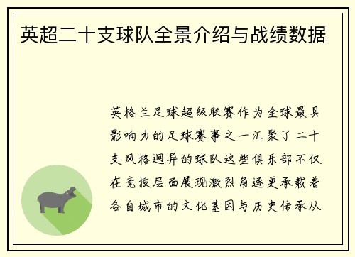 英超二十支球队全景介绍与战绩数据