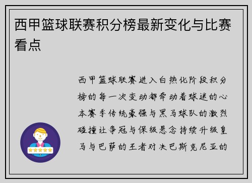 西甲篮球联赛积分榜最新变化与比赛看点