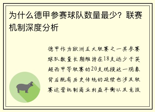 为什么德甲参赛球队数量最少？联赛机制深度分析