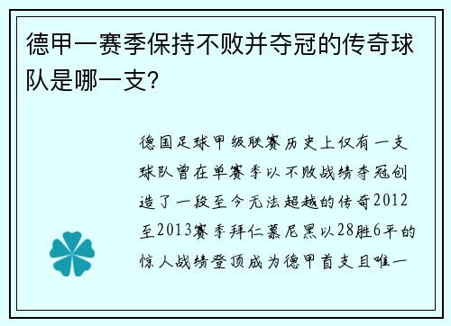 德甲一赛季保持不败并夺冠的传奇球队是哪一支？